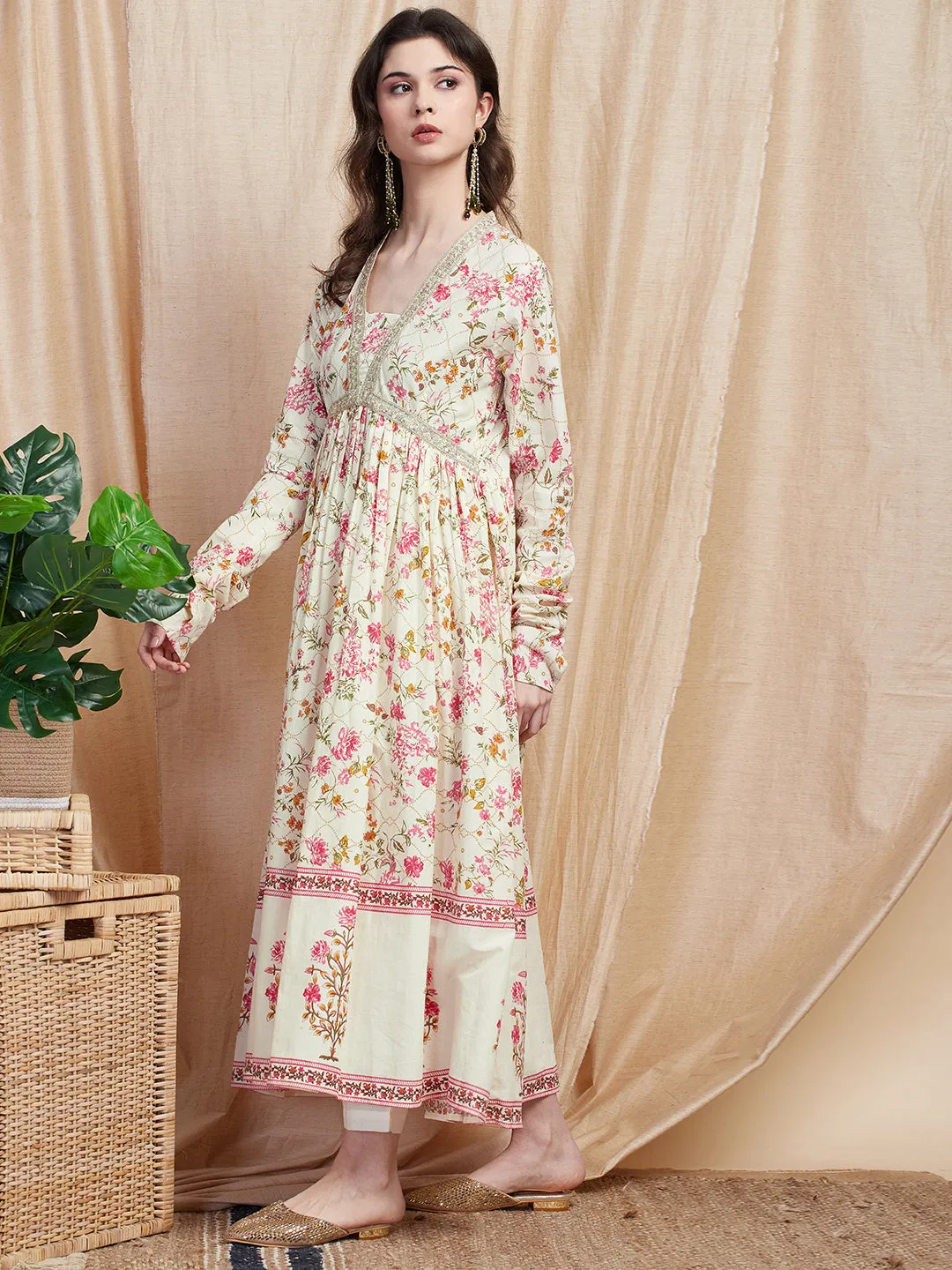 Ethnic Floral Printed & Embroidered A-Line Pleated Kurta with Pant - Off White