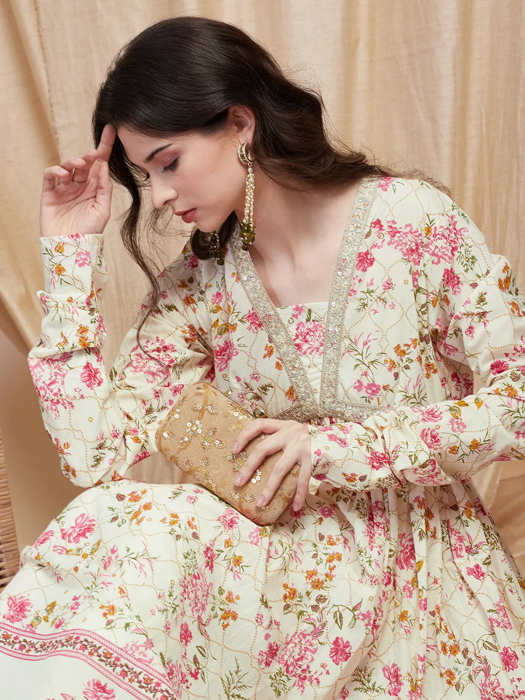 Ethnic Floral Printed & Embroidered A-Line Pleated Kurta with Pant - Off White