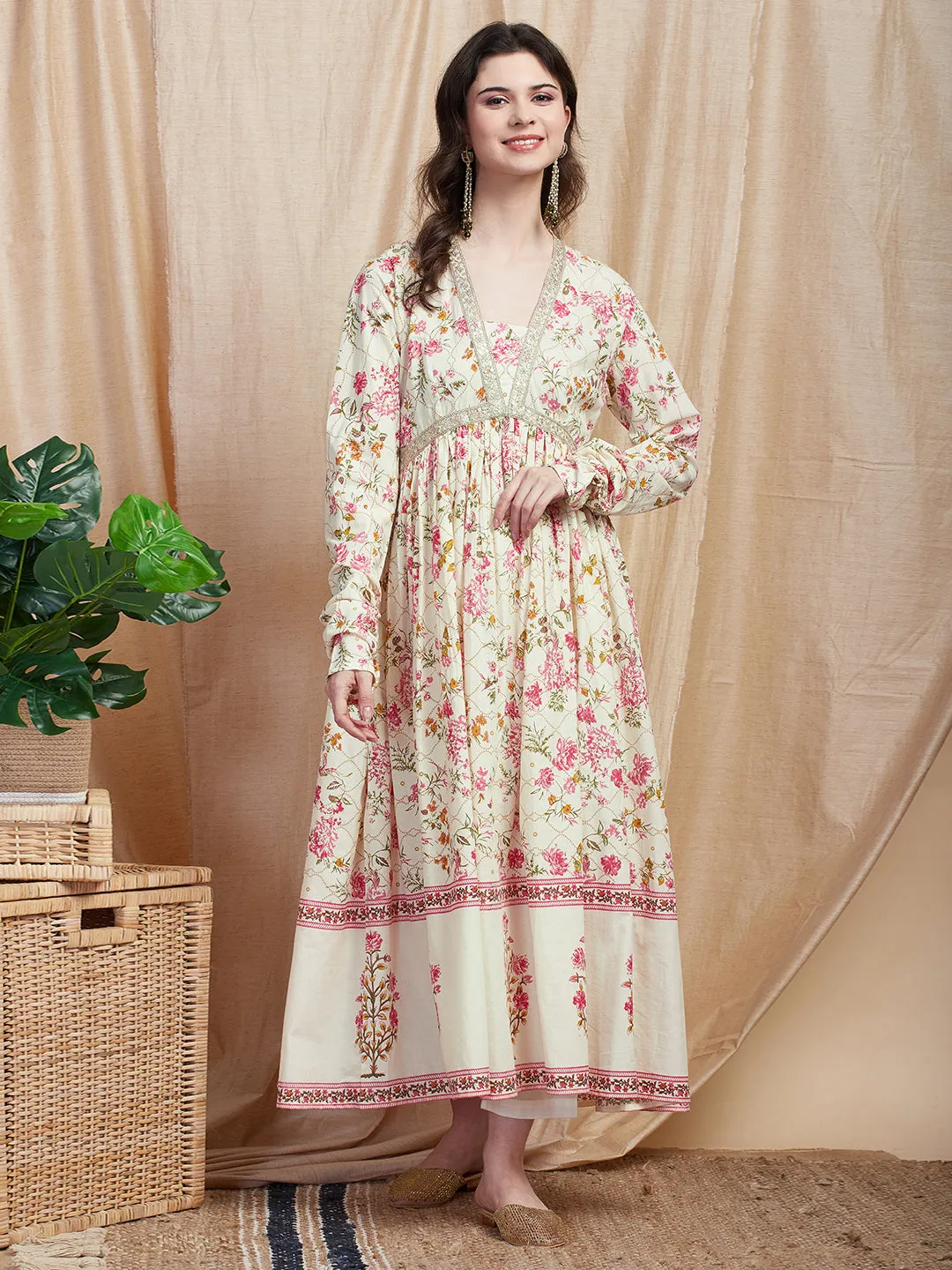 Ethnic Floral Printed & Embroidered A-Line Pleated Kurta with Pant - Off White