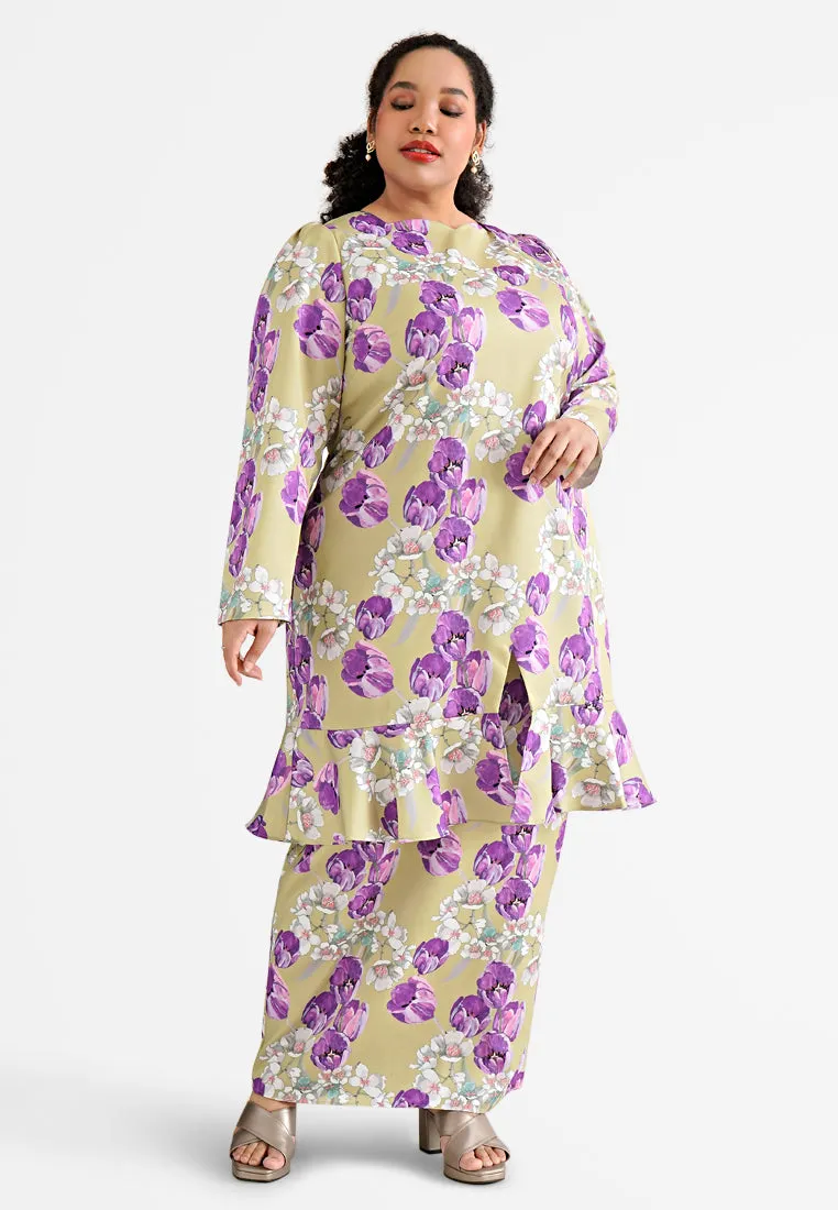 Fazura PETRA Ruffle Hem Sweetheart Long Kurung Set - Green Purple