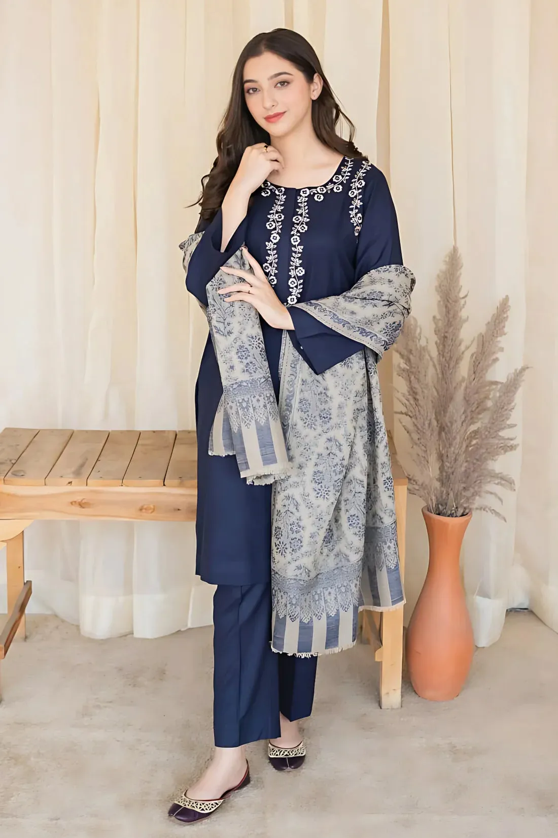 Fcc-841 Blue  Lawn Embroidered three piece With Viscous Duppata