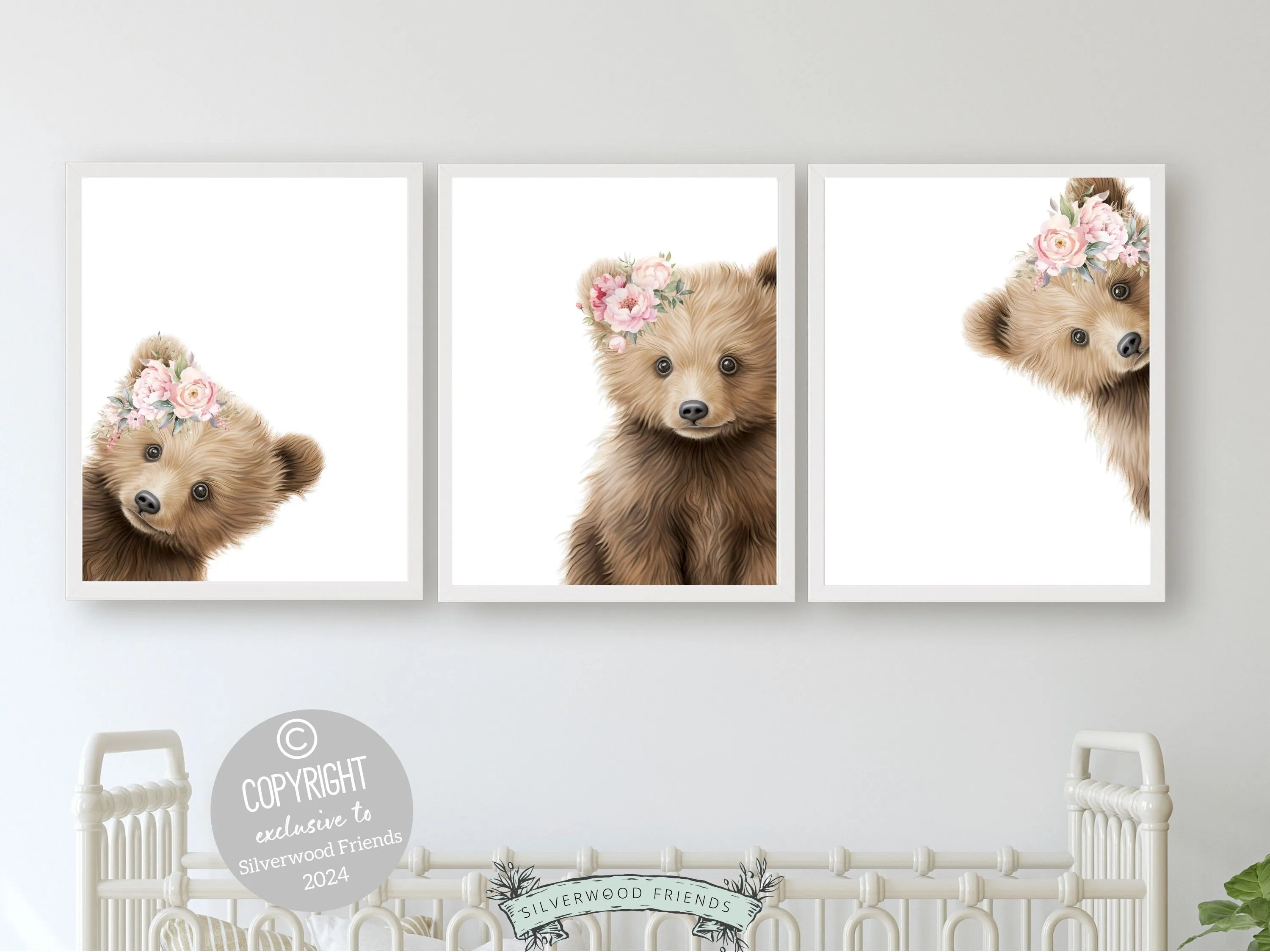 Floral Bear Nursery Prints - Set of 3