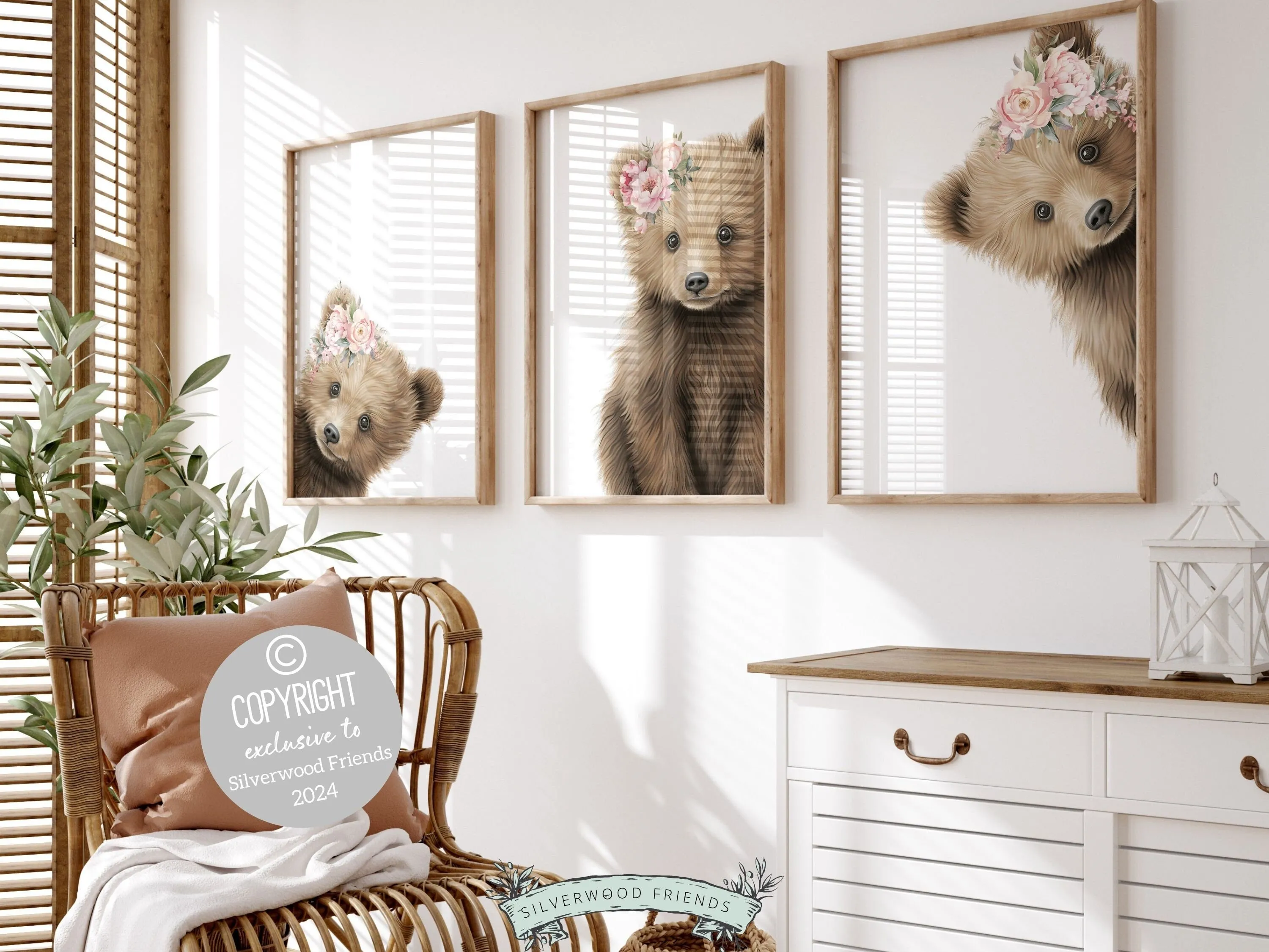 Floral Bear Nursery Prints - Set of 3