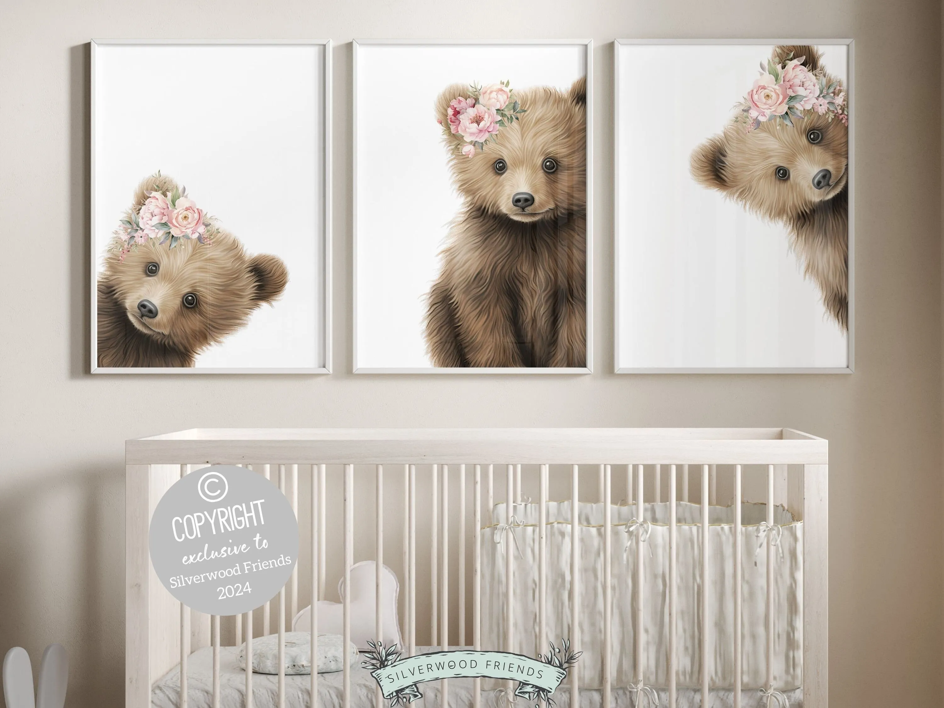 Floral Bear Nursery Prints - Set of 3