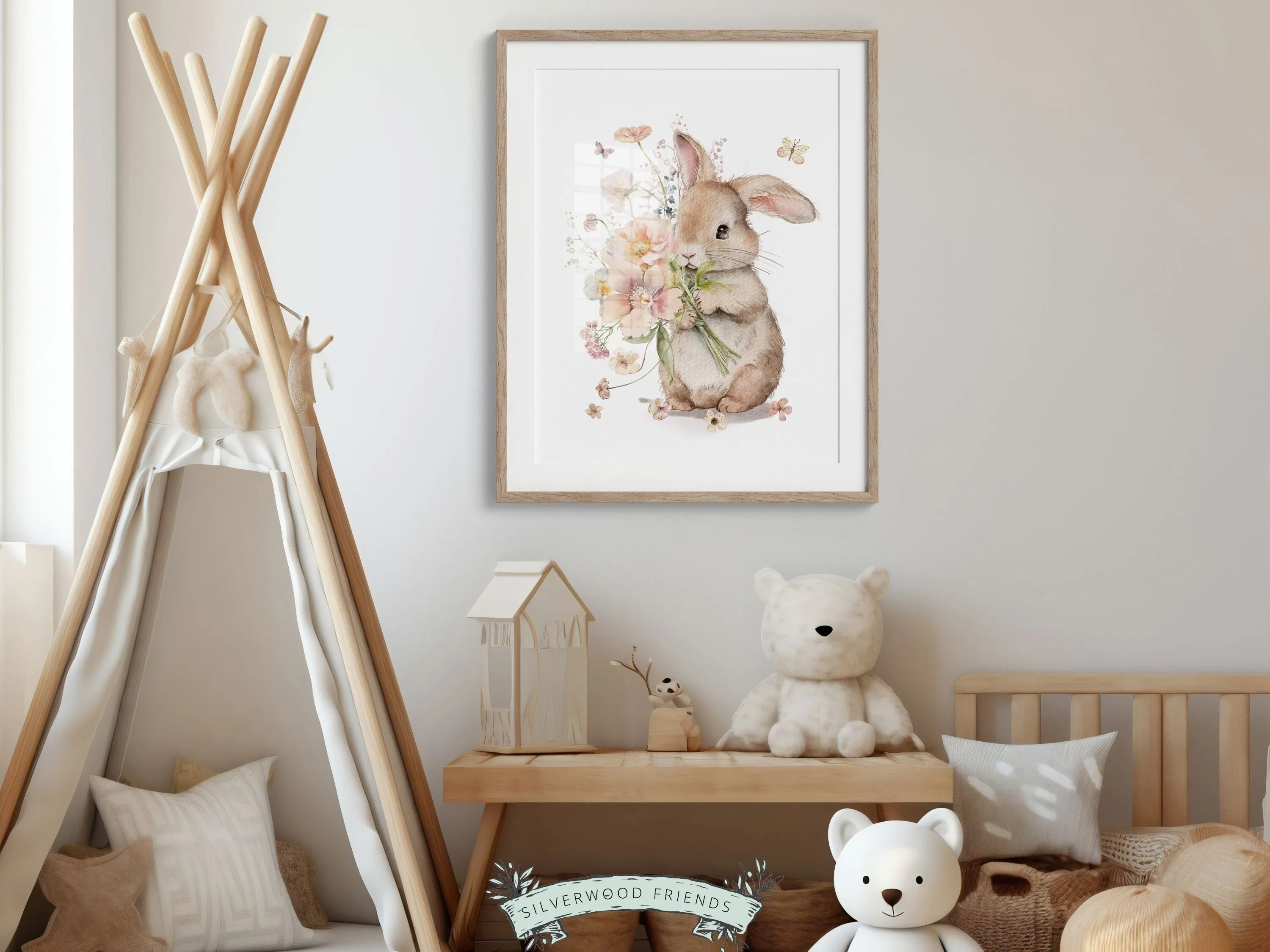 Floral Bunny Nursery Print - Single