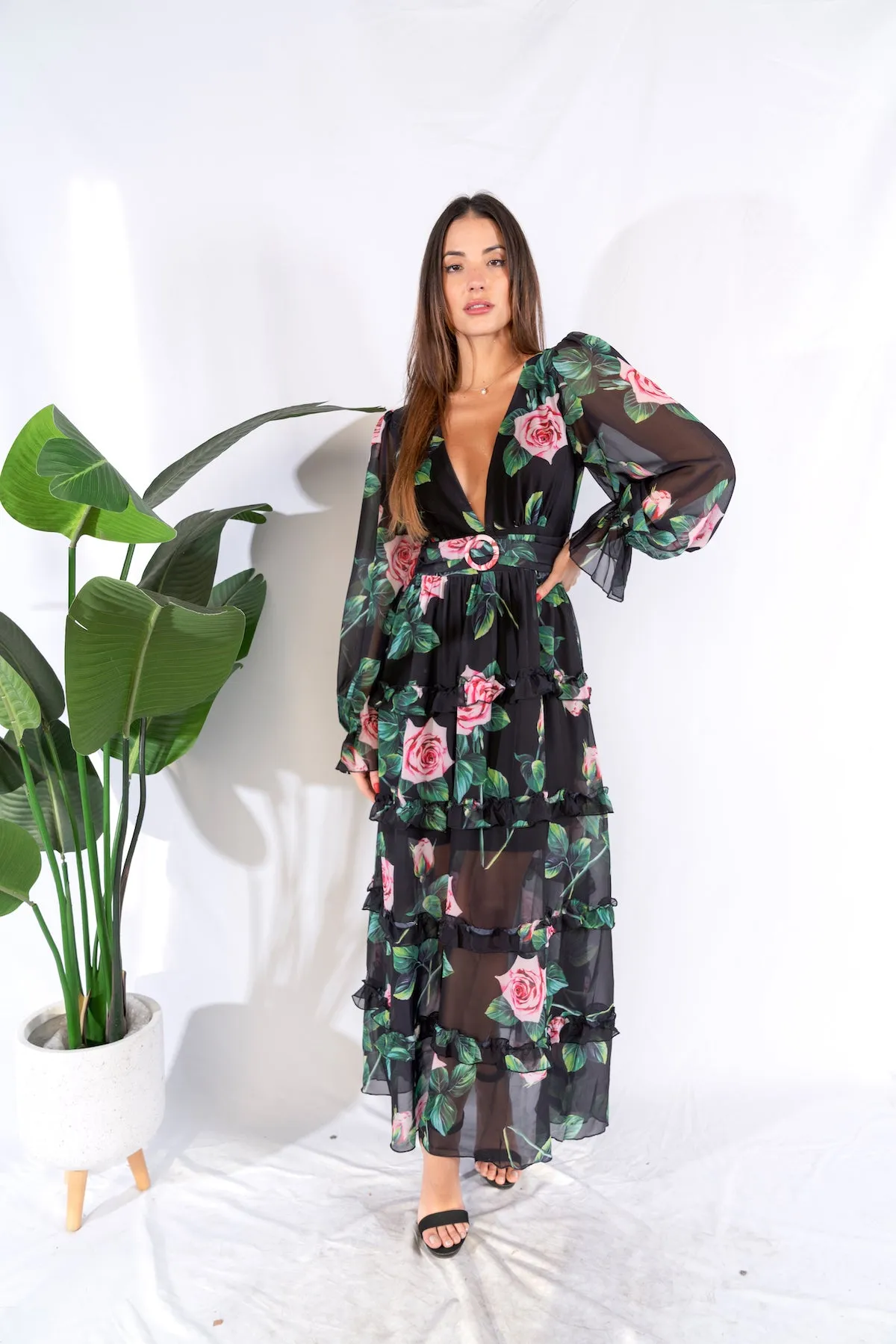 Floral Print Deep V-Neck Maxi Dress