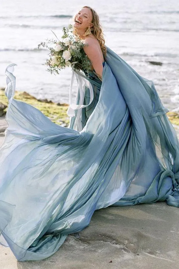 Flowy Chiffon A-line Rustic Beach Wedding Dresses With Train, Bridal Gown, SW578