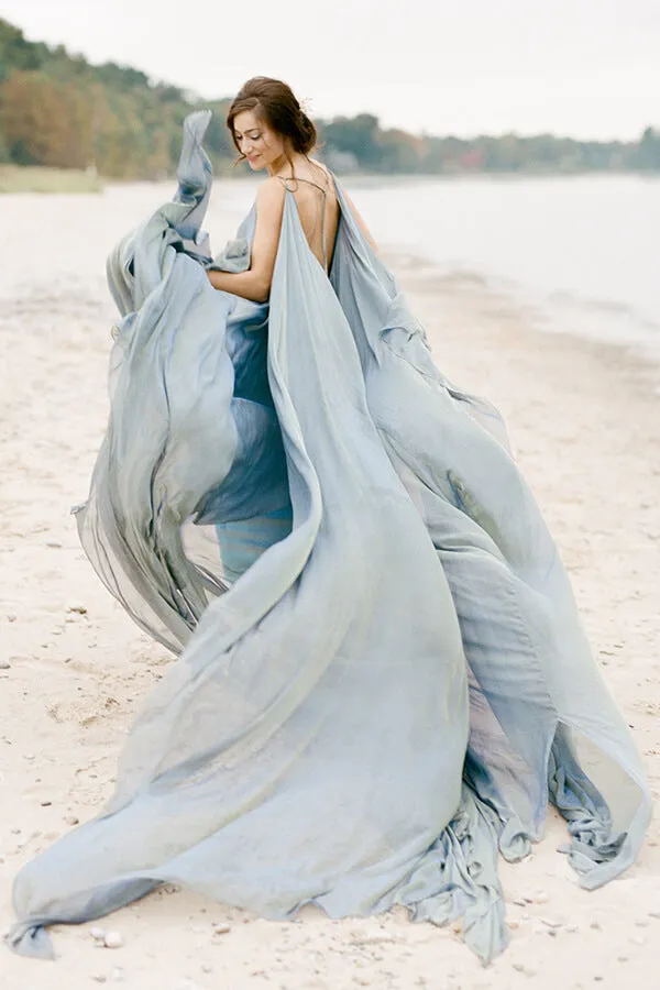 Flowy Chiffon A-line Rustic Beach Wedding Dresses With Train, Bridal Gown, SW578