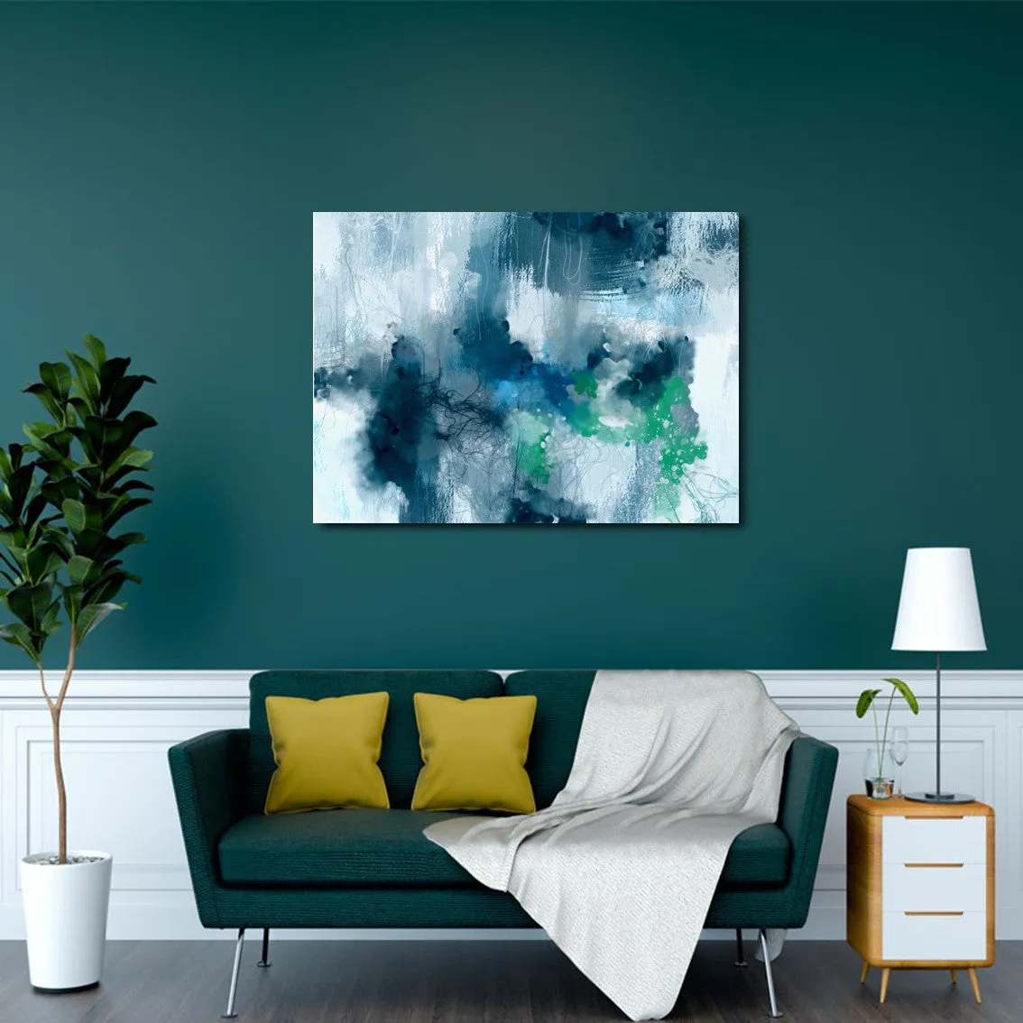 Framed horizontal blue & green abstract wall art print