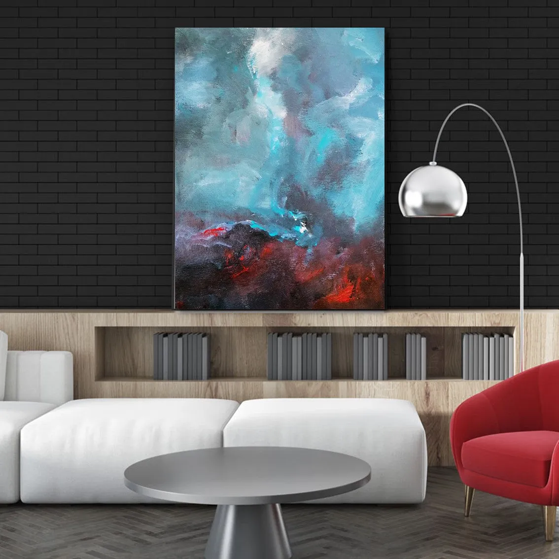 Framed vertical sky blue & red abstract wall art print