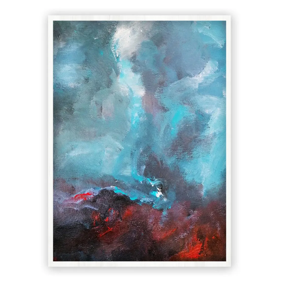 Framed vertical sky blue & red abstract wall art print