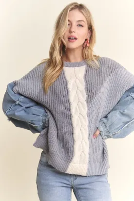 FRAYED DENIM SLEEVE COLORBLOCK SWEATER TOP - GREY