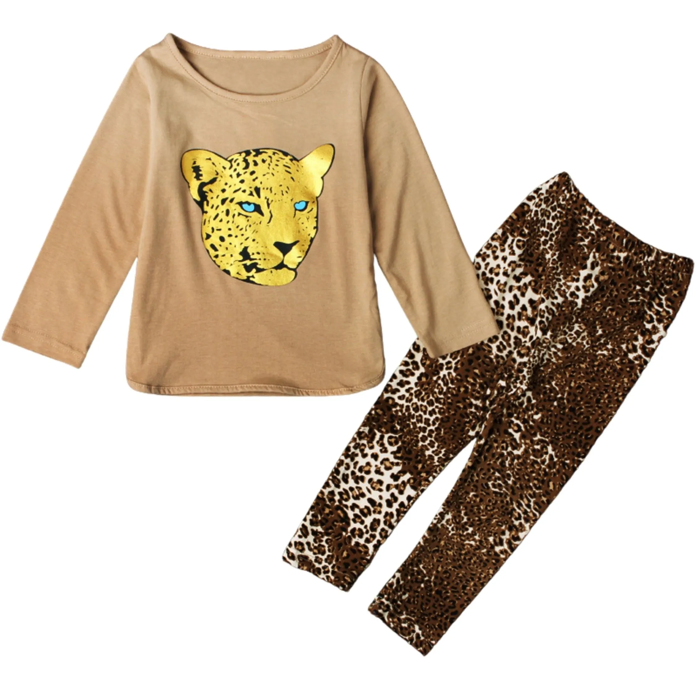 Full Sleeve Lion Print Theme Top & Trouser Girls 2 Piece Outfit Set, Multicolour