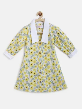 Girls Yellow 100% Cotton 3/4th Sleeve Regular Fit Print Dress