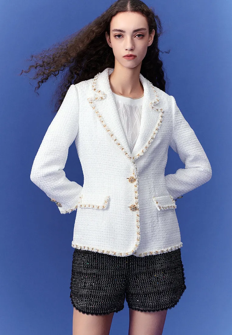 Gold-trimmed White Tweed Lapel Blazer