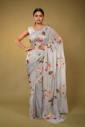 Grey Pure Chiffon siquins work Saree