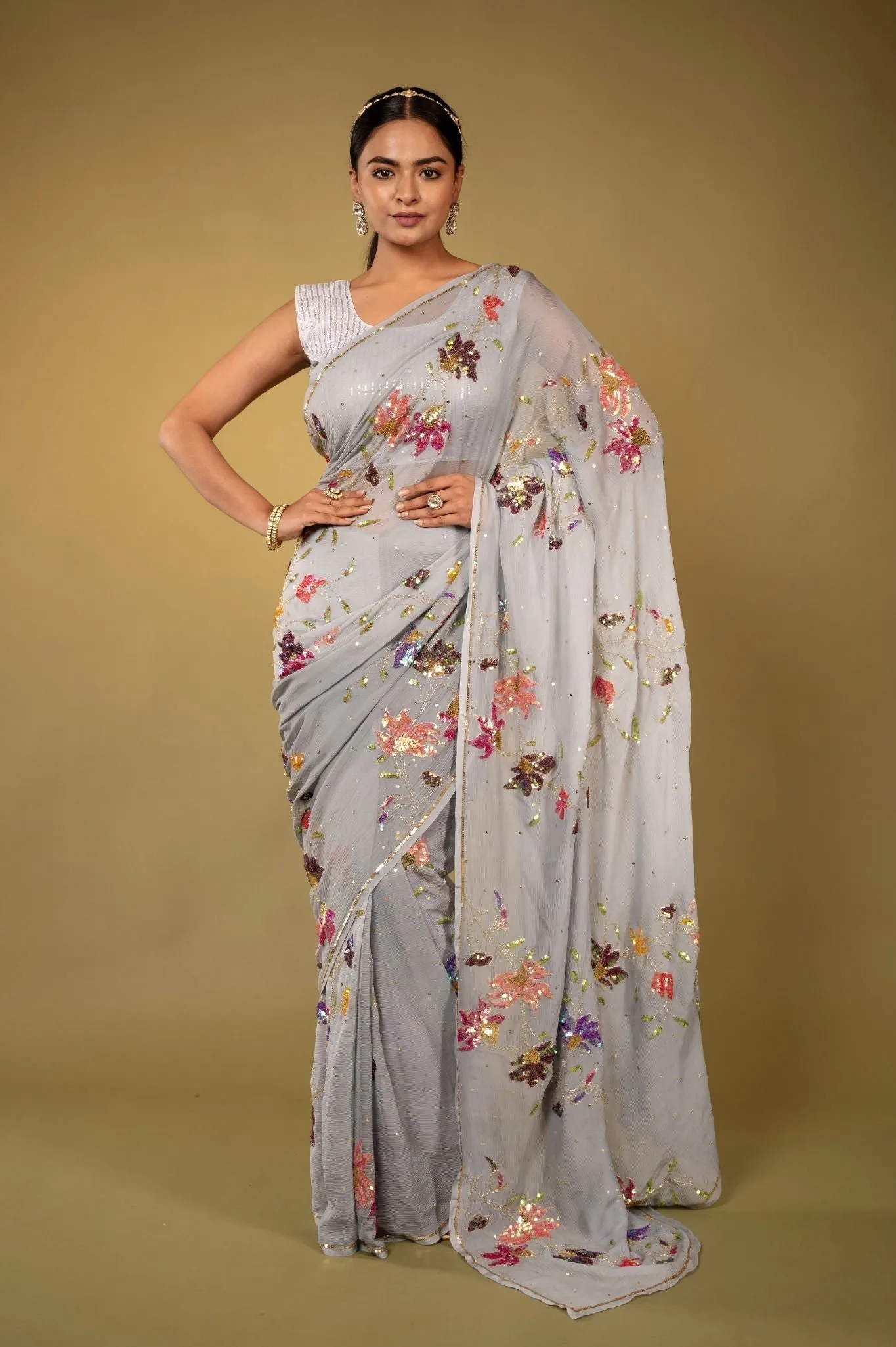 Grey Pure Chiffon siquins work Saree