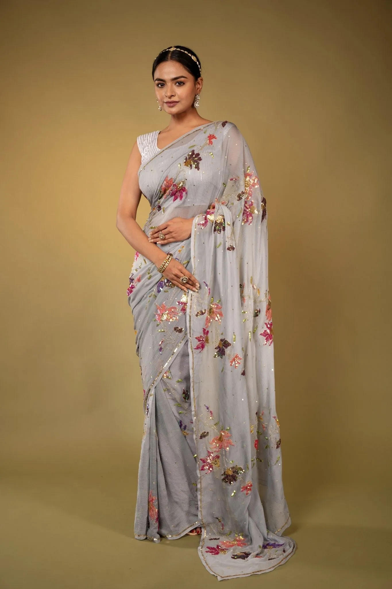 Grey Pure Chiffon siquins work Saree