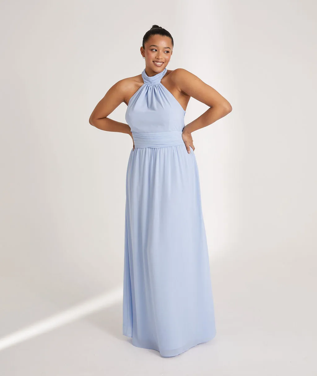 Halter Neck Pleated Waist Chiffon Bridesmaid Dress - Cornflower Blue