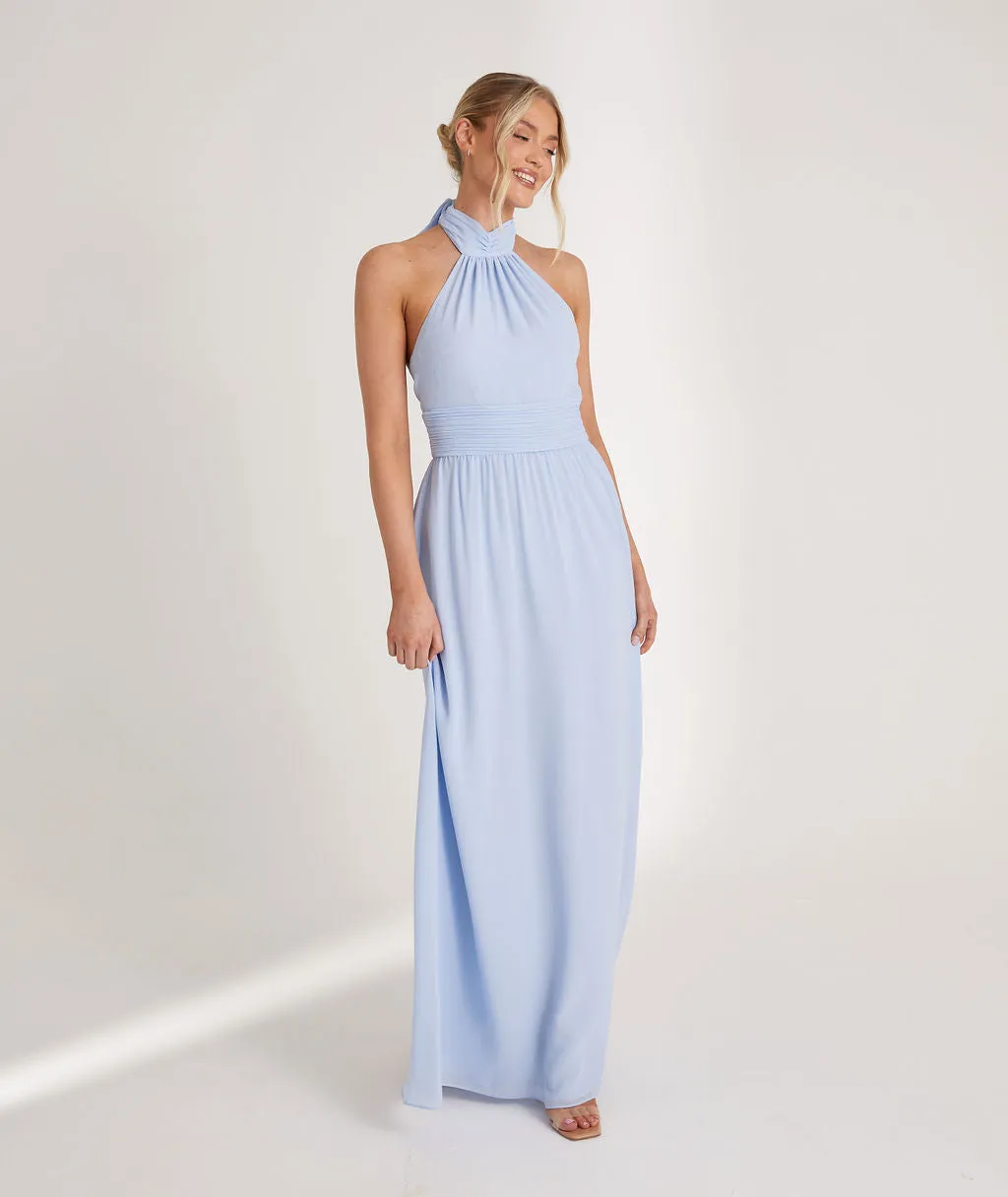 Halter Neck Pleated Waist Chiffon Bridesmaid Dress - Cornflower Blue