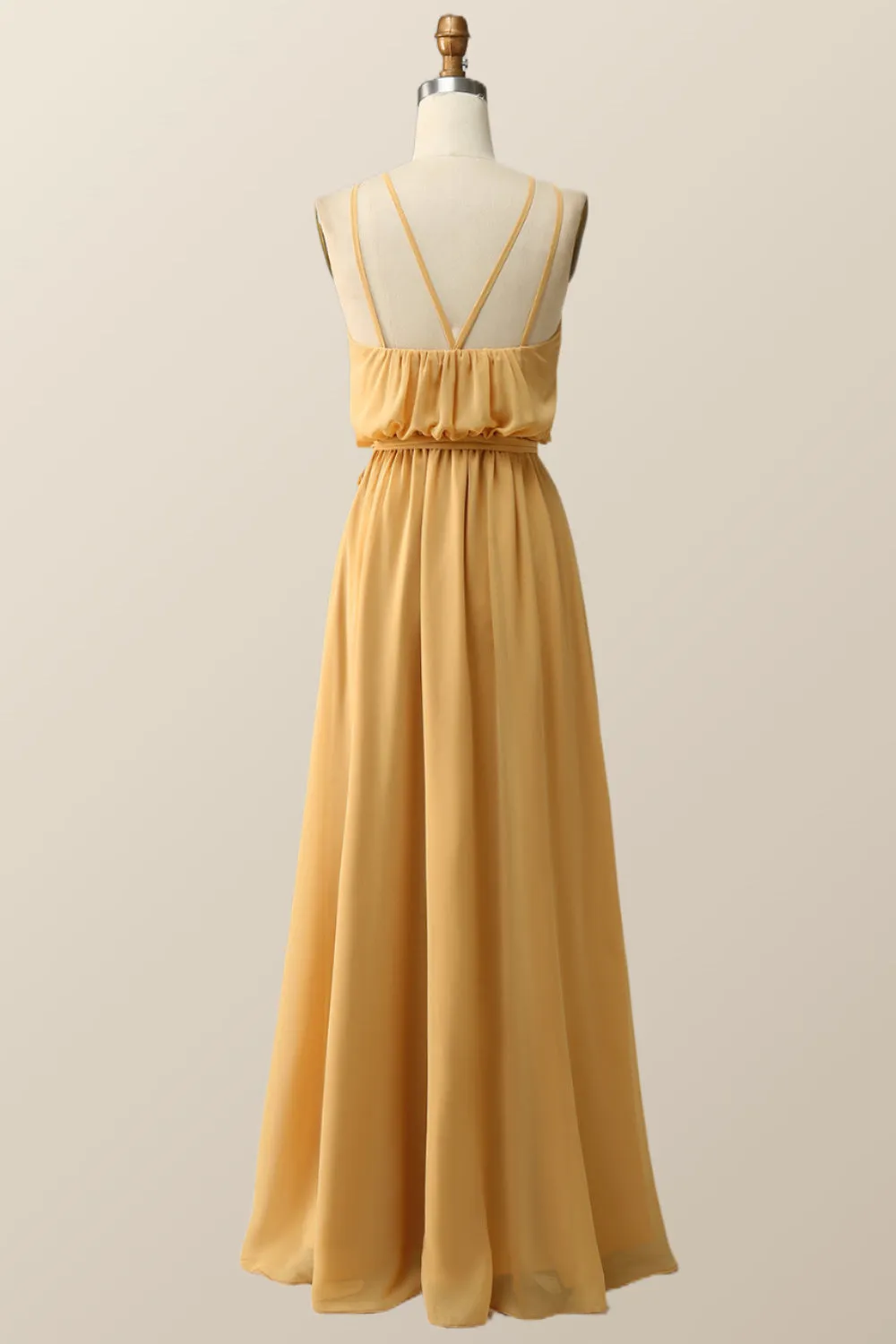 Halter Straps Yellow Chiffon Long Bridesmaid Dress