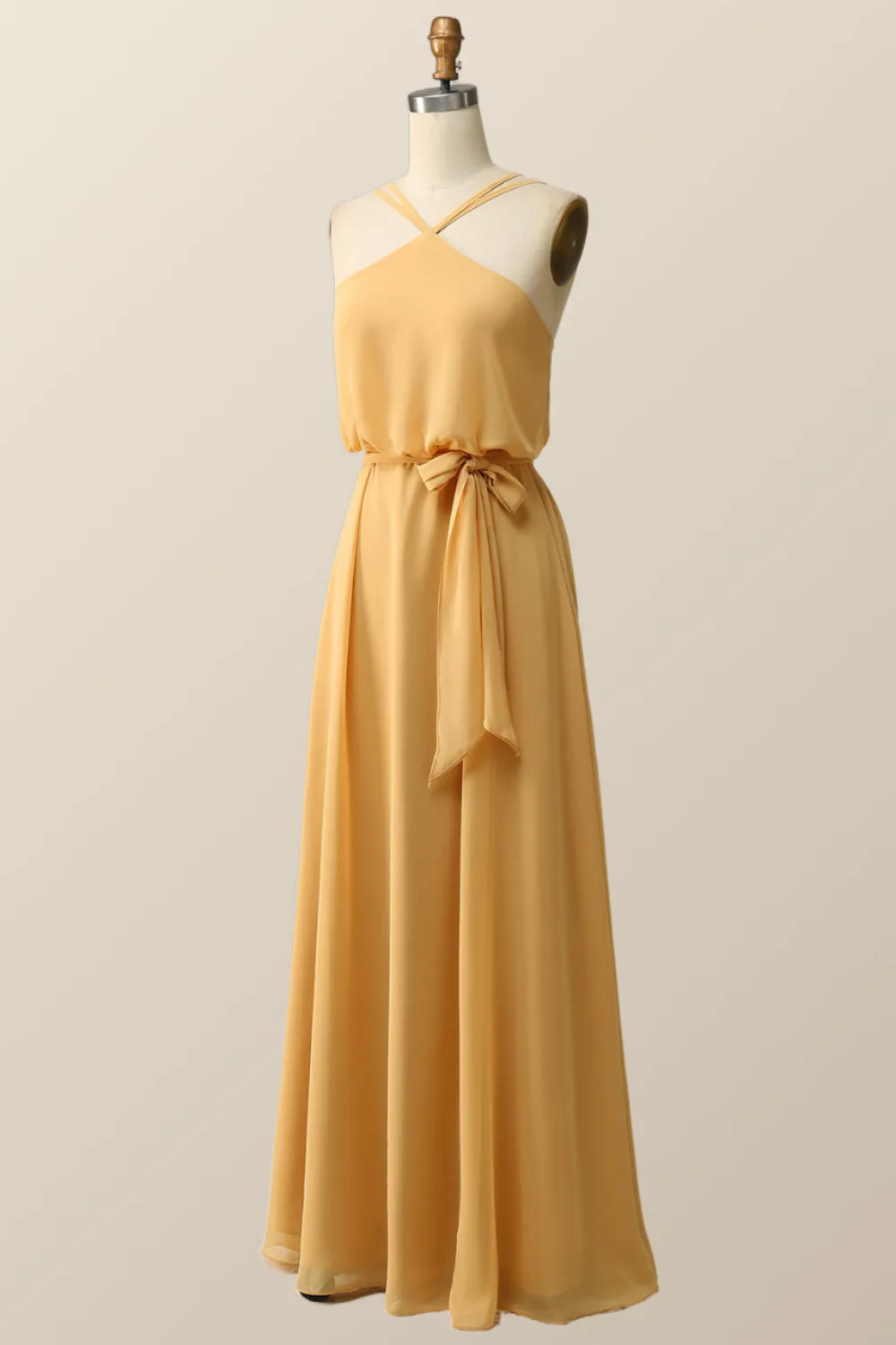 Halter Straps Yellow Chiffon Long Bridesmaid Dress