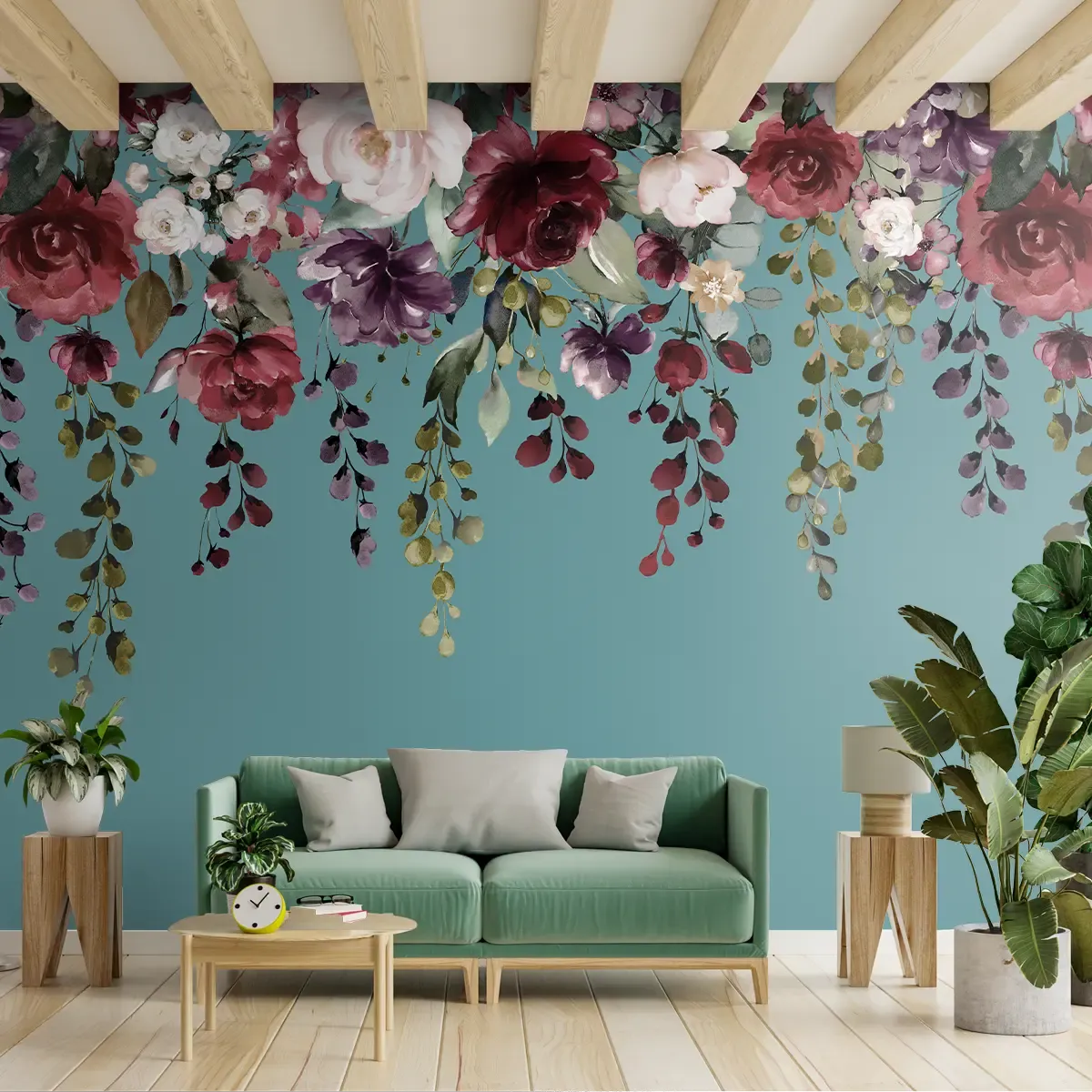 Hanging Floral Pattern Teal Color Wallpaper