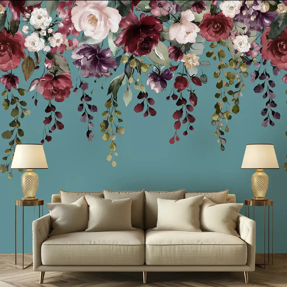 Hanging Floral Pattern Teal Color Wallpaper