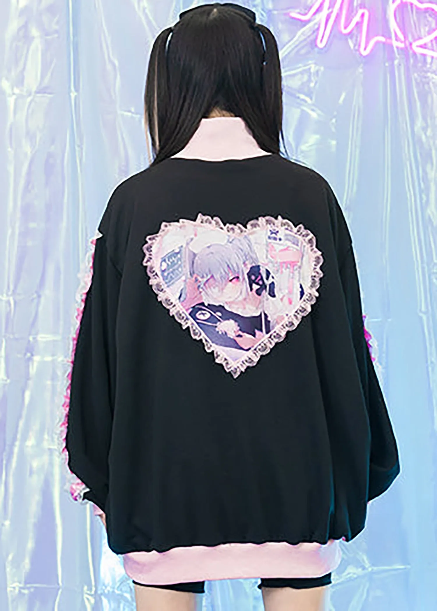 Healing Hearts Oversized Anime Zip Up Jacket in Black/Pink