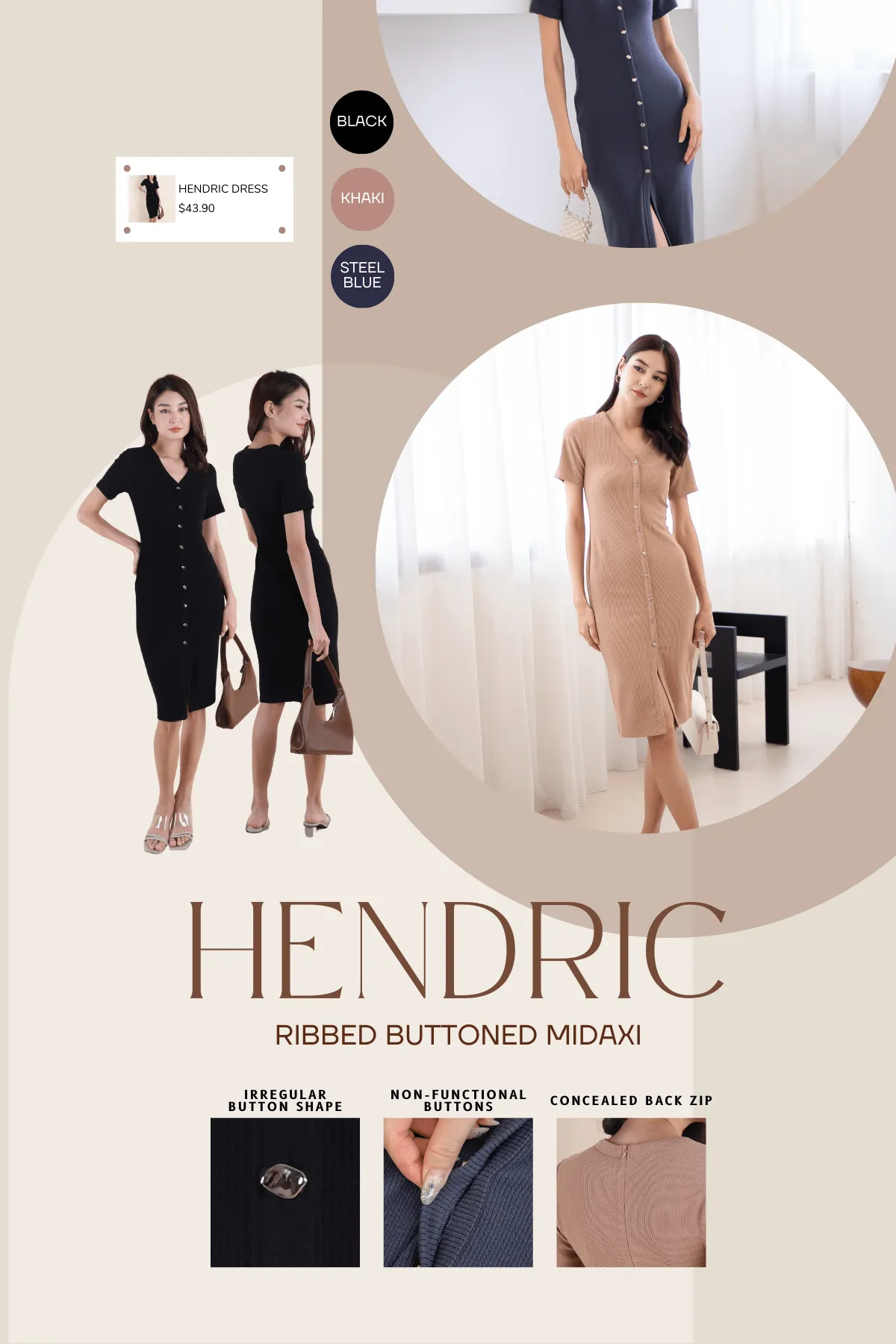 HENDRIC RIBBED BUTTONED MIDAXI IN KHAKI