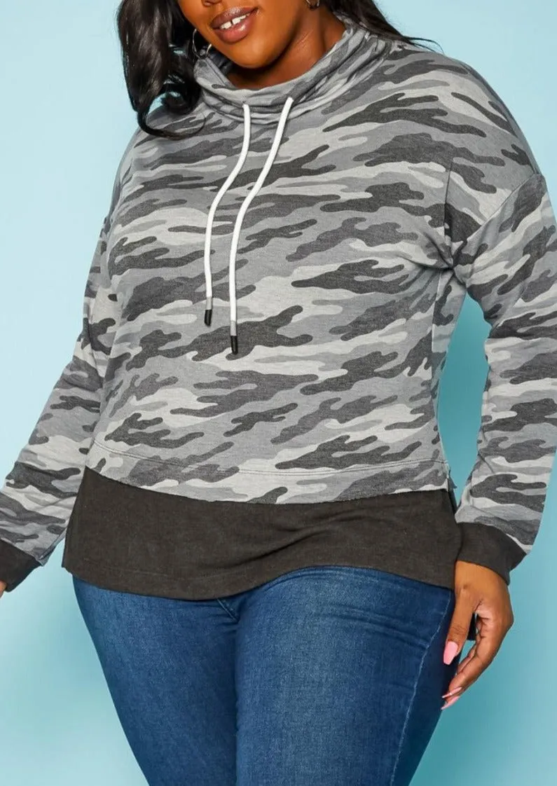 Hi Curvy Plus Size Camo Pattern Funnel Neck Sweater