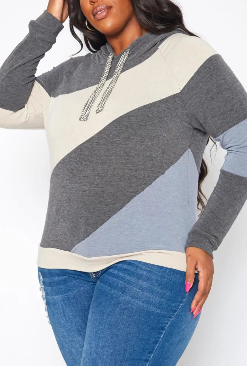 Hi Curvy Plus Size Color Block Hooded Sweater