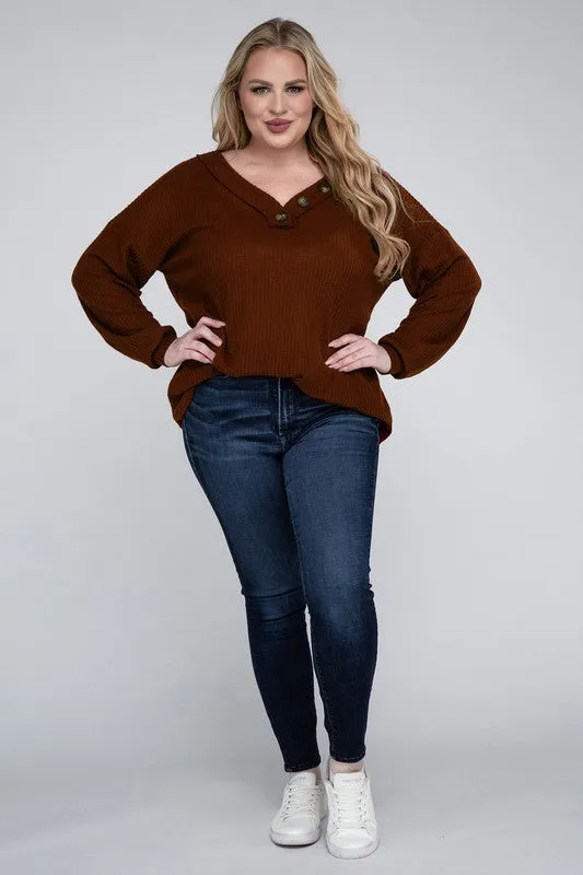 Hi Curvy Plus Size Women Brushed Waffle V-Neck Button Detail Sweater