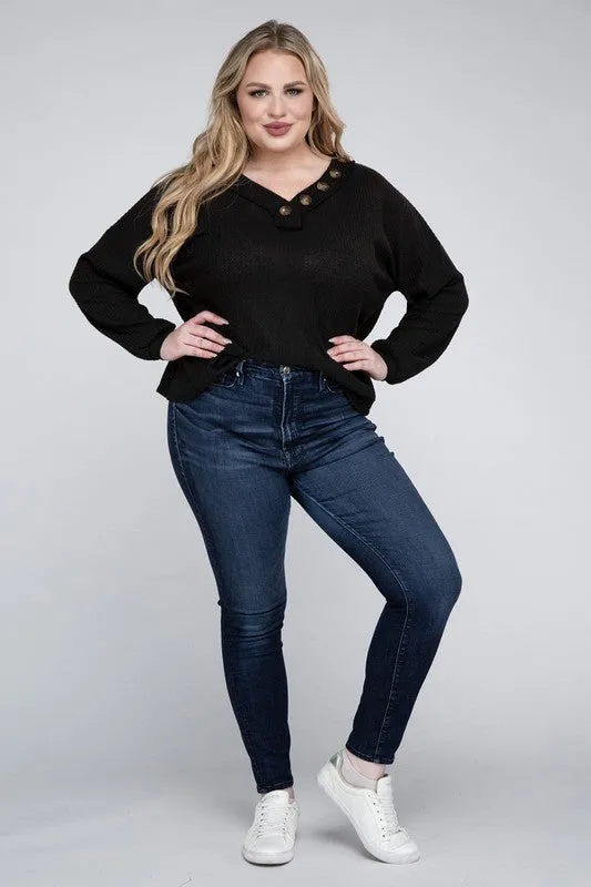 Hi Curvy Plus Size Women Brushed Waffle V-Neck Button Detail Sweater