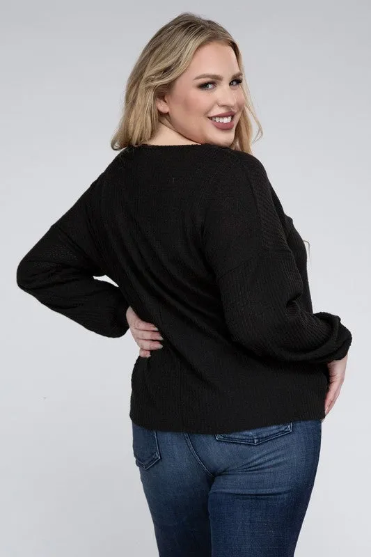 Hi Curvy Plus Size Women Brushed Waffle V-Neck Button Detail Sweater