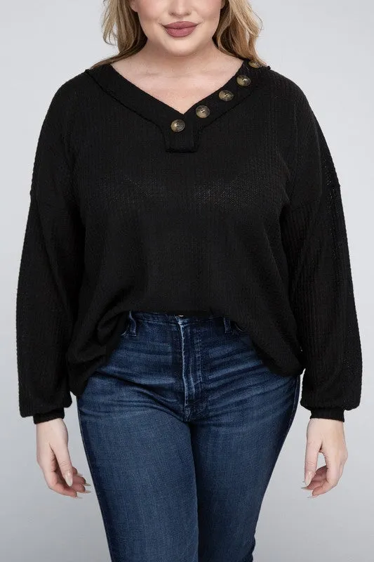 Hi Curvy Plus Size Women Brushed Waffle V-Neck Button Detail Sweater