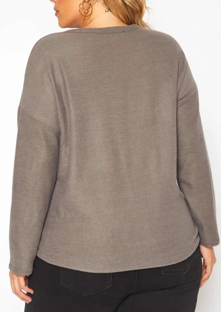 HI Curvy Plus Size Women Faux Leather Pocket Hem Sweater