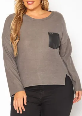 HI Curvy Plus Size Women Faux Leather Pocket Hem Sweater