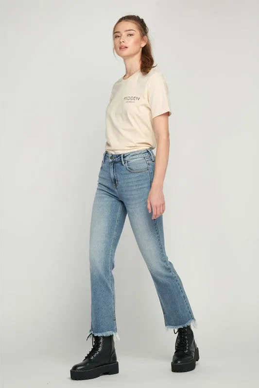 Hidden Happi Mid Rise Classic Stretch Frayed Hem Cropped Flare