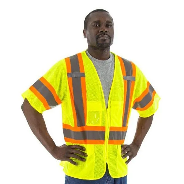 High Visibility Mesh Safety Vest (PK 5 Vests) - ANSI 3, DOT Striping, Zipper Close