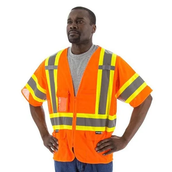 High Visibility Mesh Safety Vest (PK 5 Vests) - ANSI 3, DOT Striping, Zipper Close