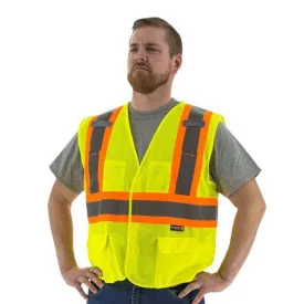 High Visibility Yellow Mesh Safety Vest (PK 5 Vests) - ANSI 2, DOT Striping, Velcro Close