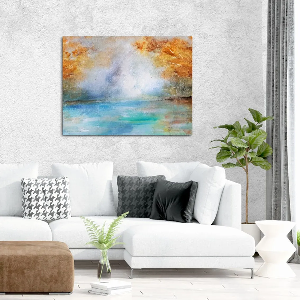 Horizontal blue & orange abstract landscape wall art print