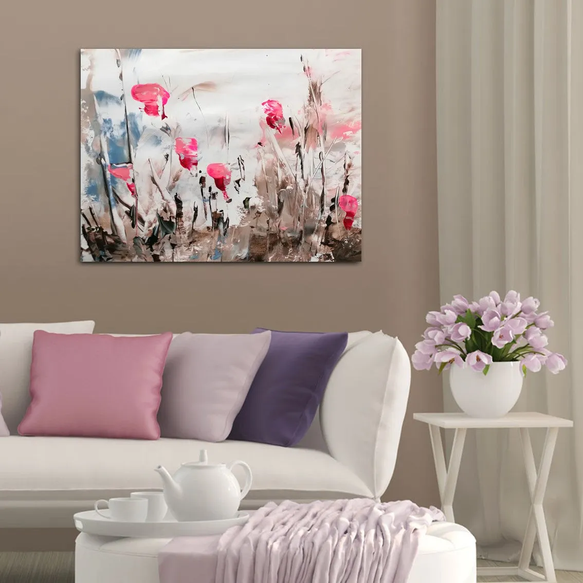 Horizontal pink & brown abstract floral wall art print