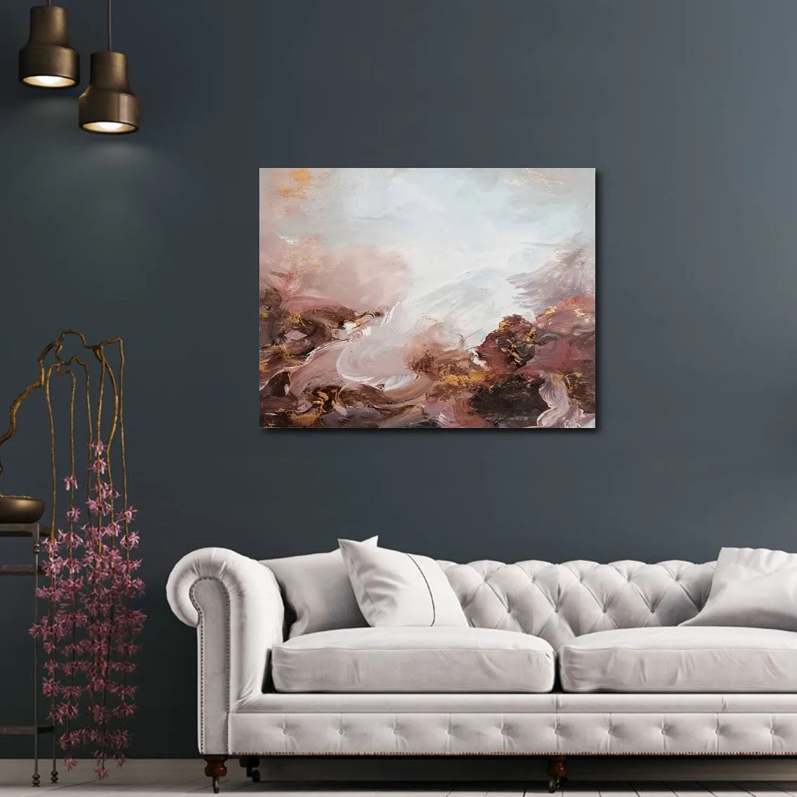 Horizontal pink & gold abstract wall art print