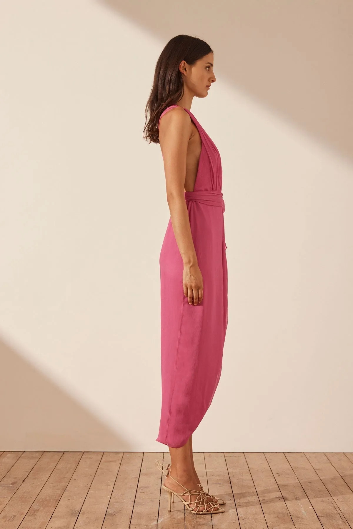 ISOLA PLUNGED CROSS BACK MIDI DRESS - IBIS ROSE