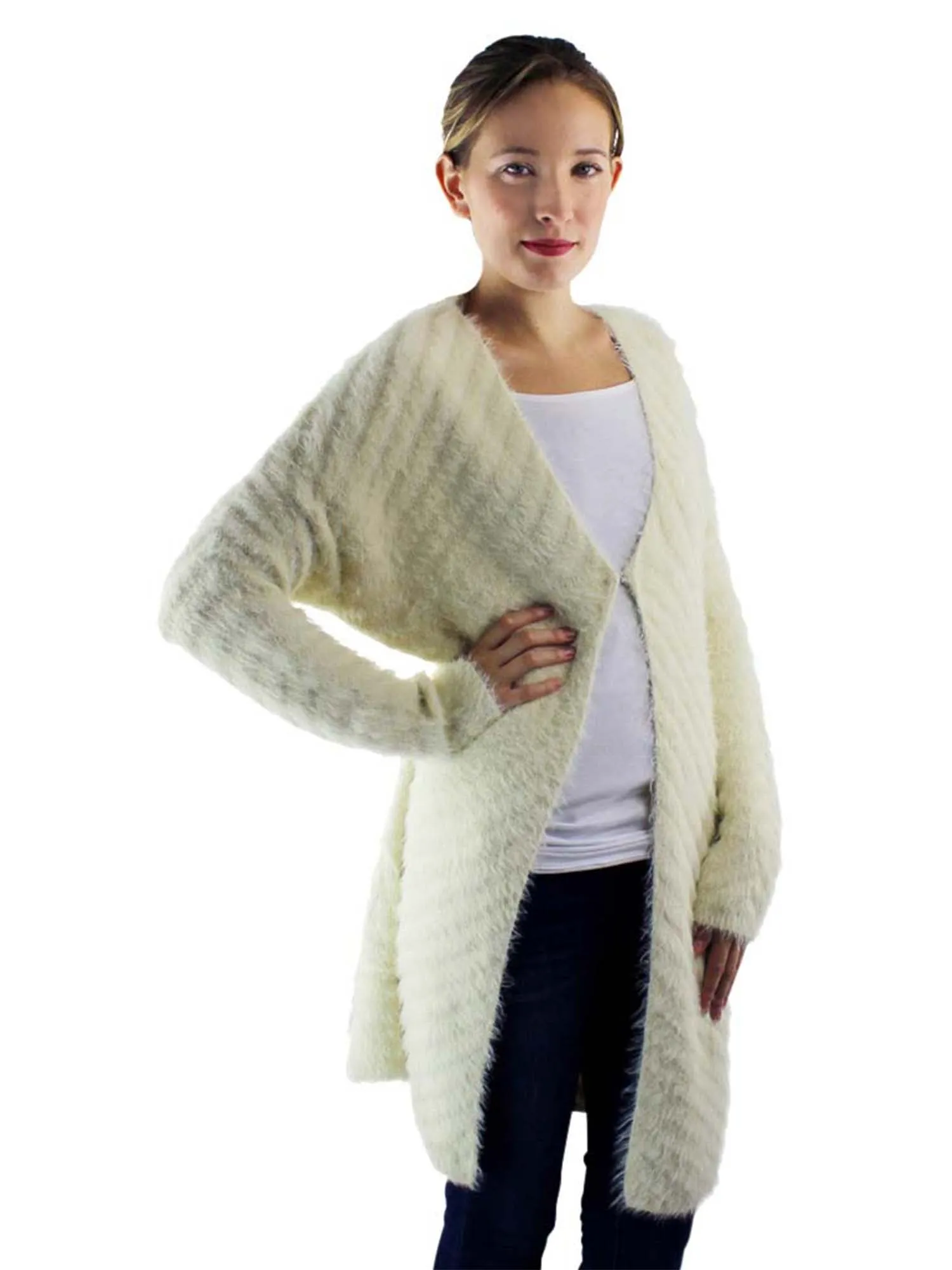 Ivory Fuzzy Knit Long Sleeve Cardigan Sweater Coat