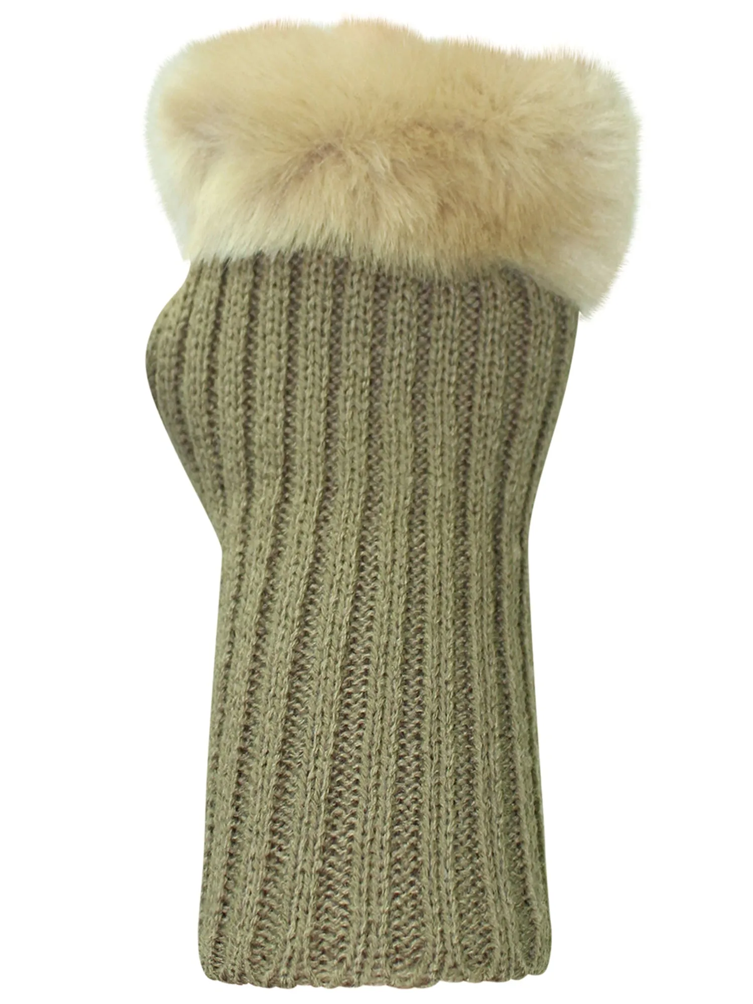 Khaki Knit Arm Warmer Gloves With Fur Trim