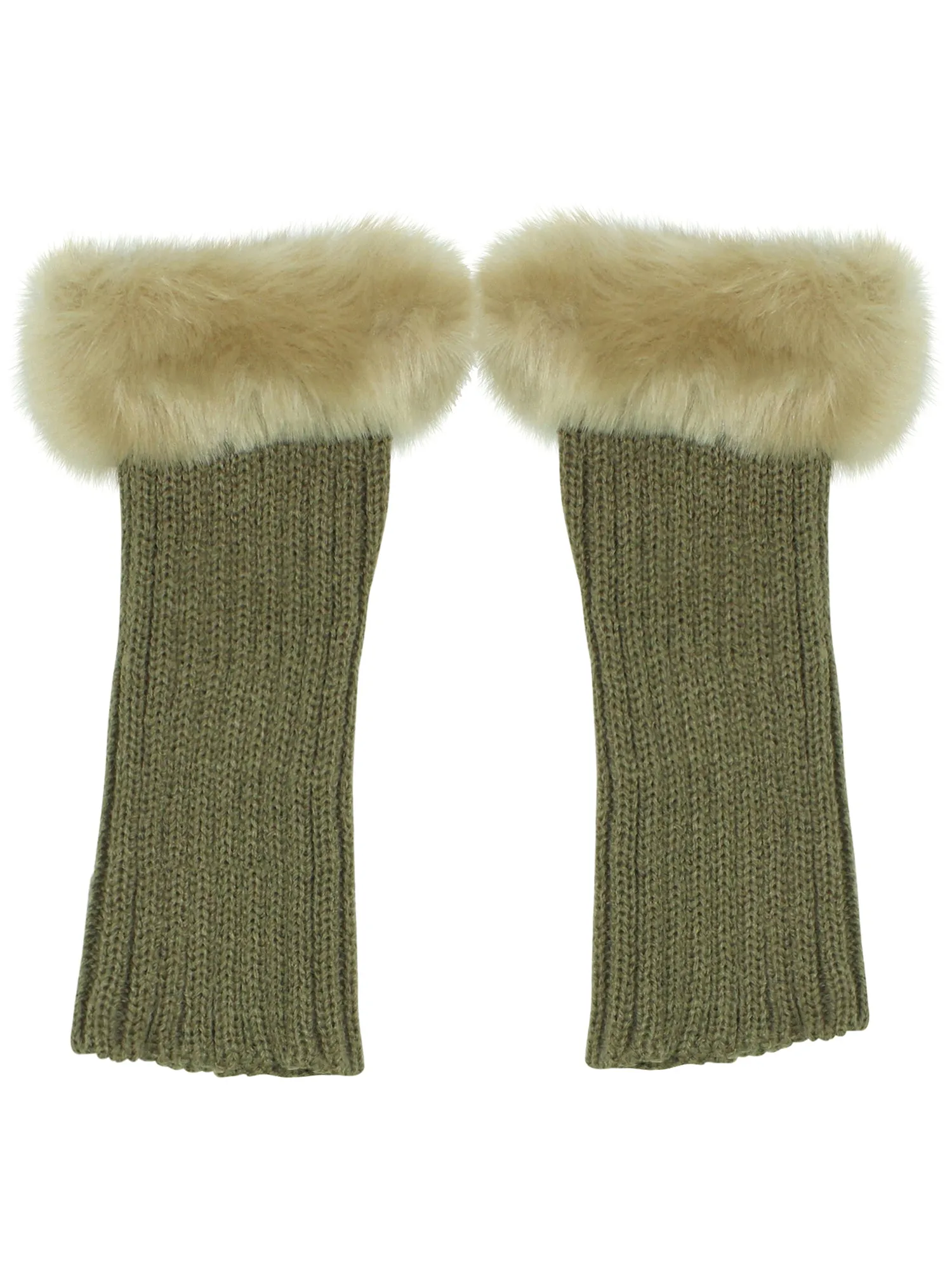 Khaki Knit Arm Warmer Gloves With Fur Trim