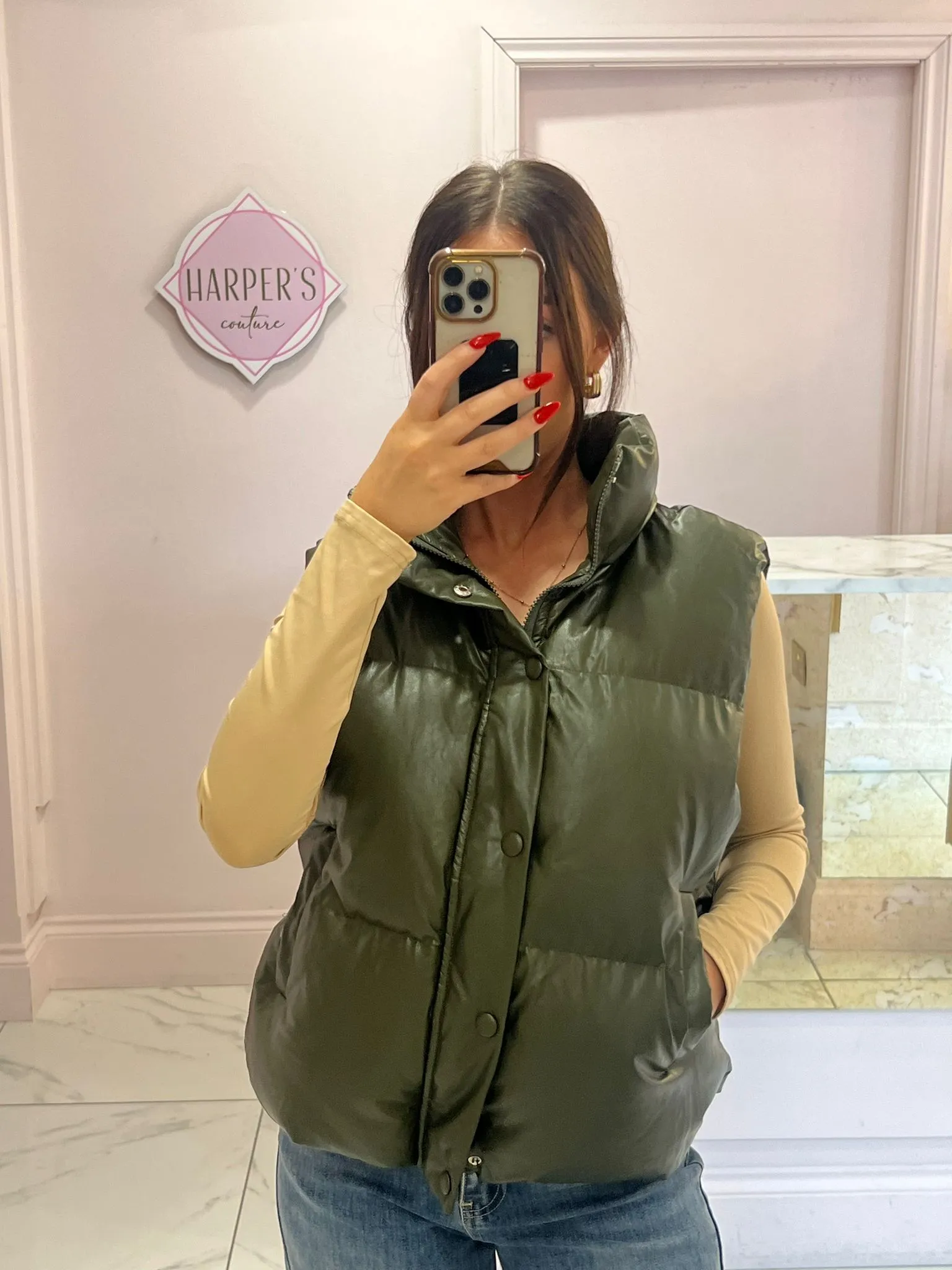 Klara Khaki Faux Leather Padded Gilet